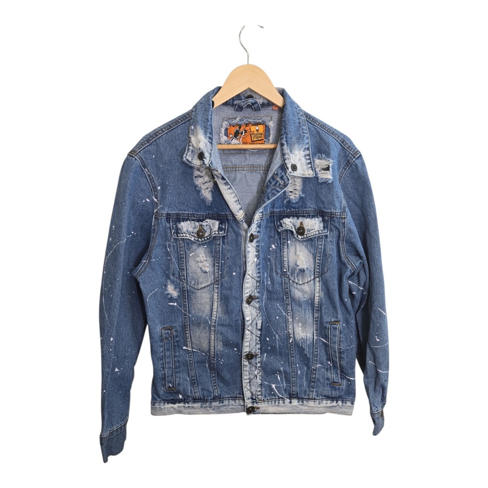 Rolling Paper NYC Distressed Denim Jacket Paint‎ Splatter Ripped Blue Size XL